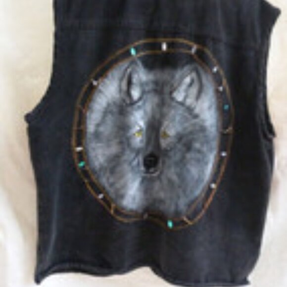 Custom Unique Black Denim Jacket Vest With Original Wolf Painting NC Artist "DH" - Picture 4 of 13